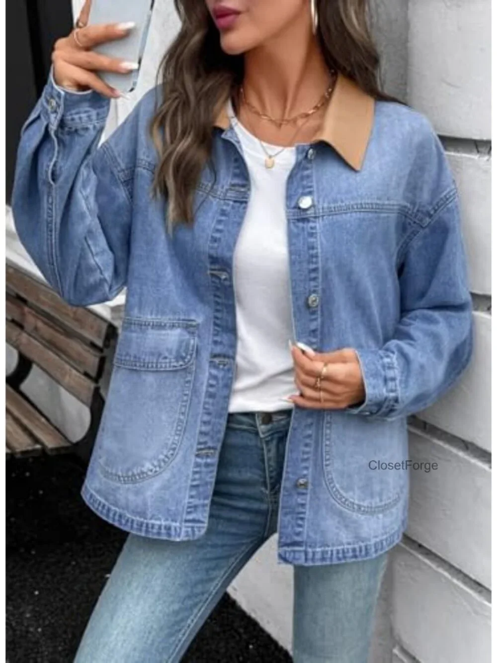 Oversized Button Down Denim Jacket with Pockets